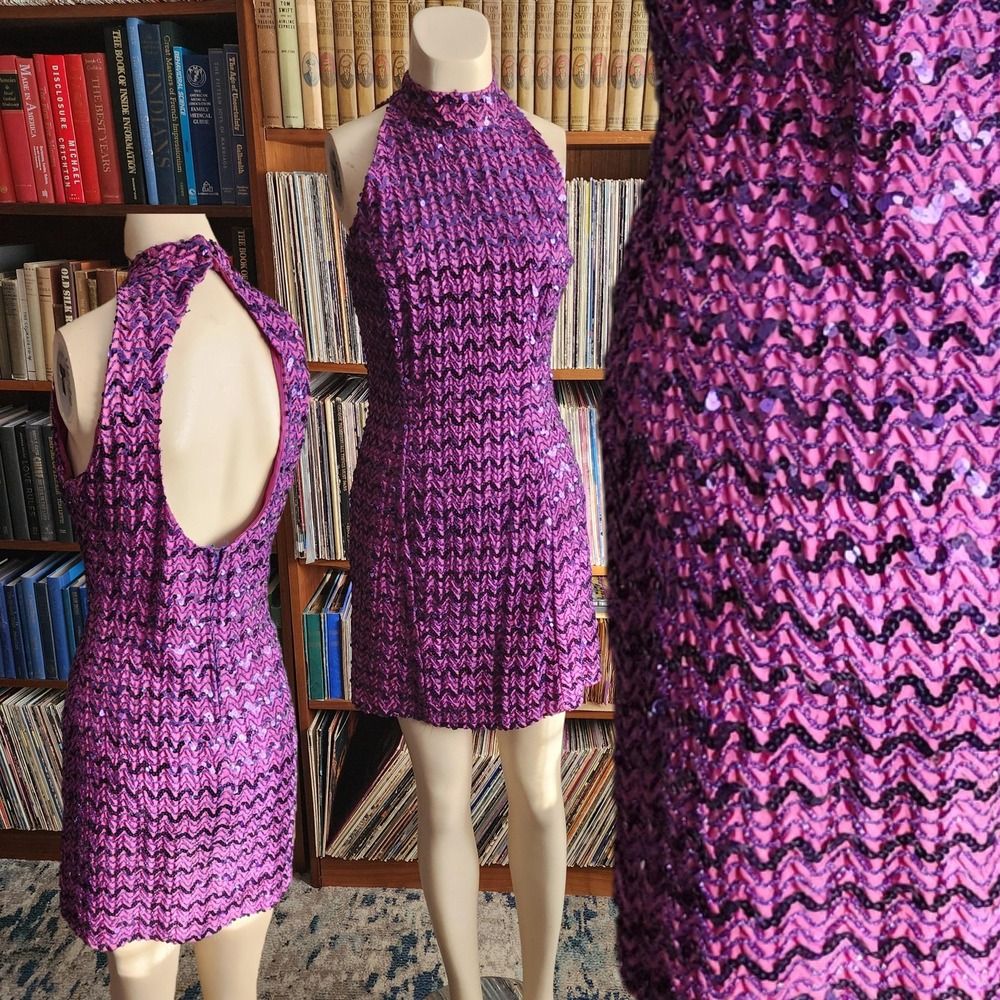 80s Purple Cocktail Party Sequined Mini Dress - Sexy, Open Back, Halter Neck